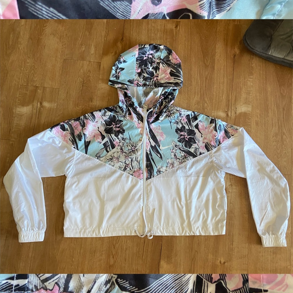 White & Floral Cropped Nike Windbreaker
